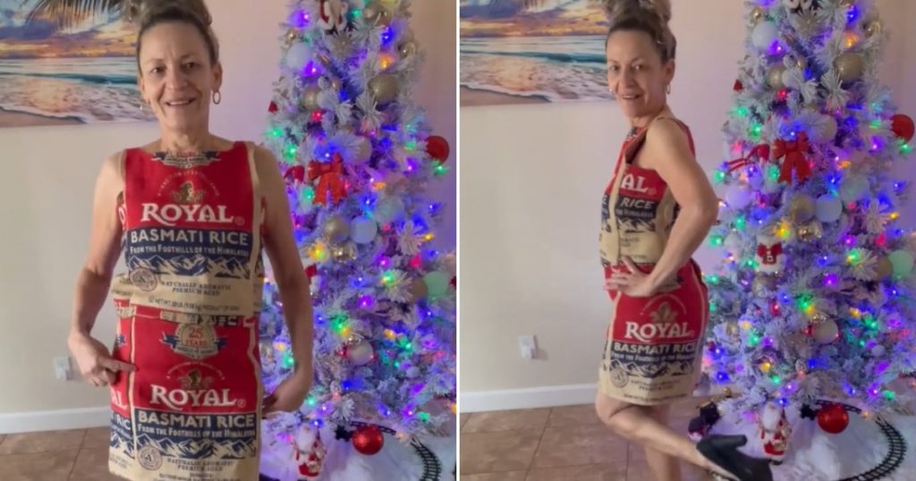 Cubana se vuelve viral con vestido de fin de año hecho de sacos de arroz