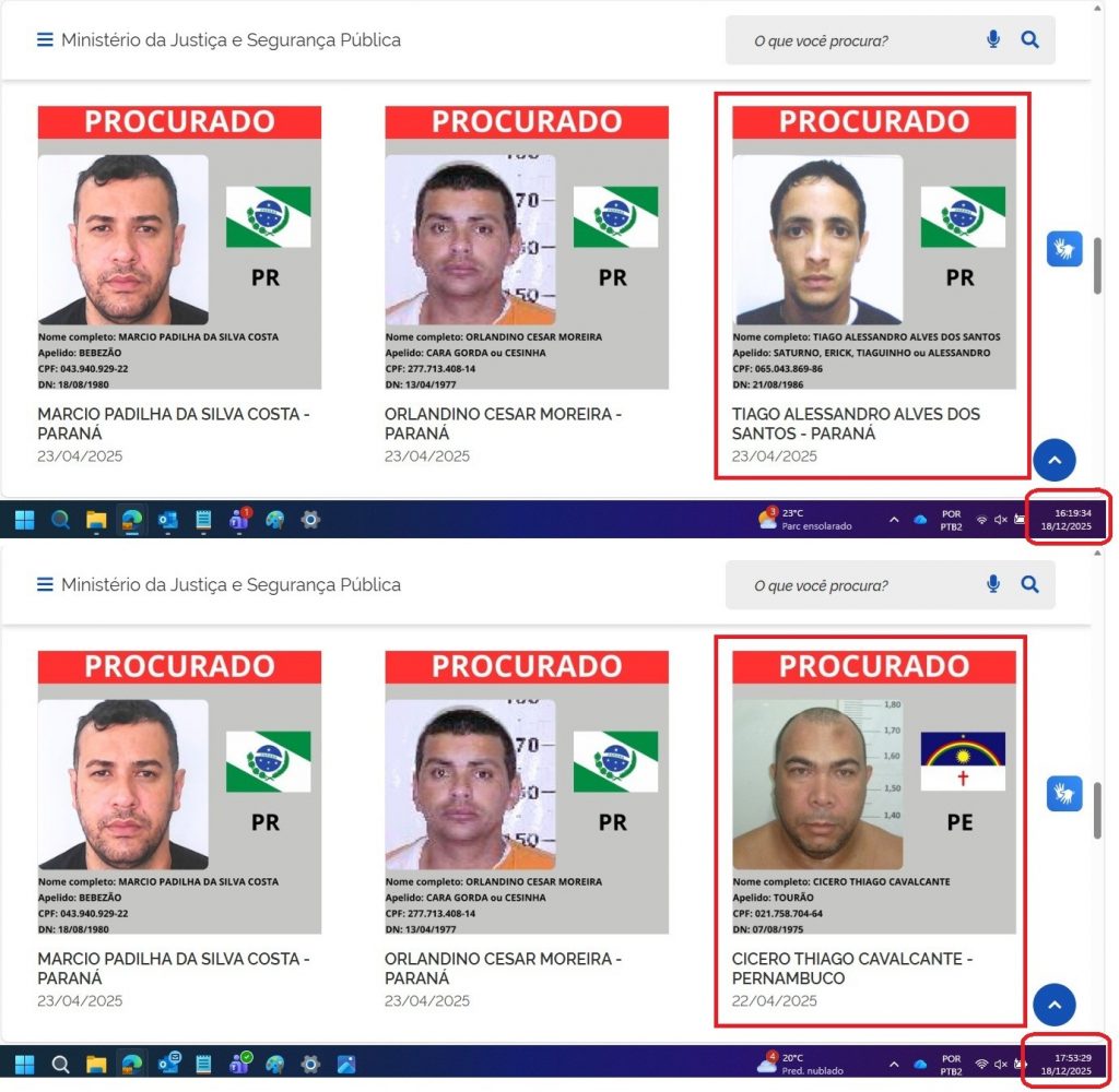 Más procurados en Brasil responden por homicidio, tráfico de drogas, organizaciones criminales y robóticas.