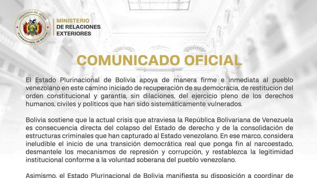 Bolivia apoya inicio de la restitución del orden constitucional en Venezuela