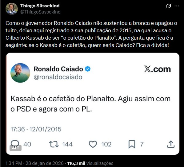 ‘Cafetão do Planalto’: posts antigos de Caiado contra Kassab voltam a circular após filiação ao PSD 'Cafetão do Planalto': posts antigos de Caiado contra Kassab voltam a circular após filiação ao PSD