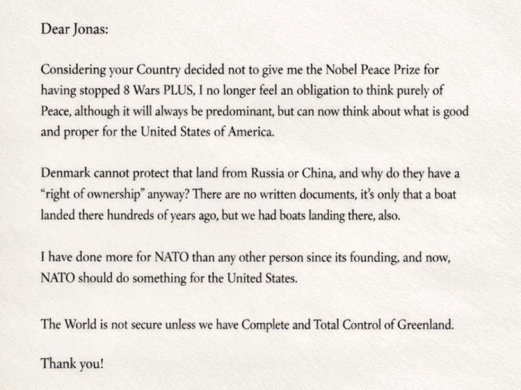 la carta que le envió Trump al premier de Noruega porque no le otorgaron el Premio Nobel