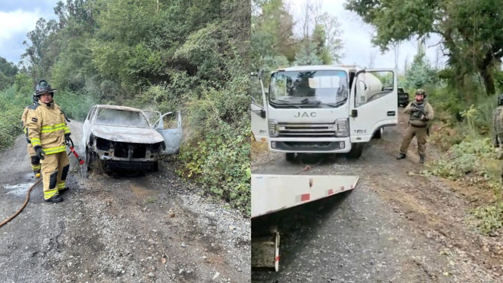 Robo de camión aljibe termina con accidente, camioneta quemada y un tiroteo en Malleco